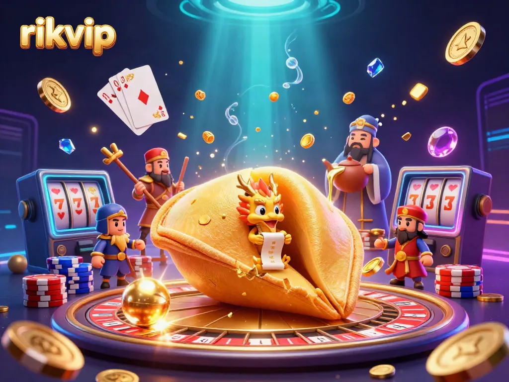 Experience the thrill of rikvip with vibrant 3D casino characters and golden elements flying around.