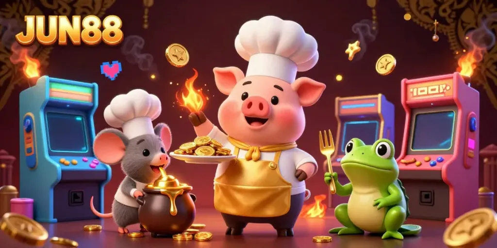 Join the excitement at JUN88 with a chef pig serving gold coins in a vibrant gaming scene.
