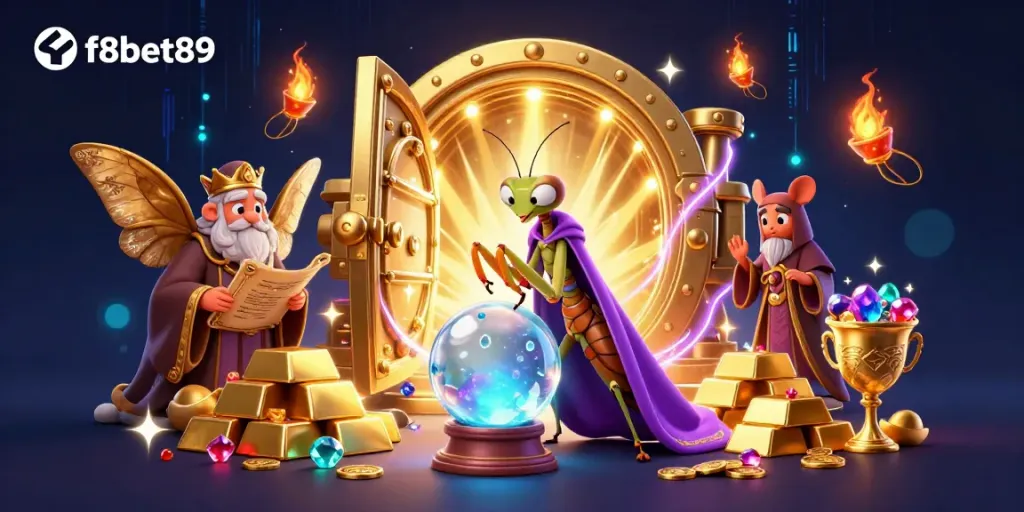Engage with f8bet89 in a vibrant 3D casino scene featuring unique characters and rich treasures.