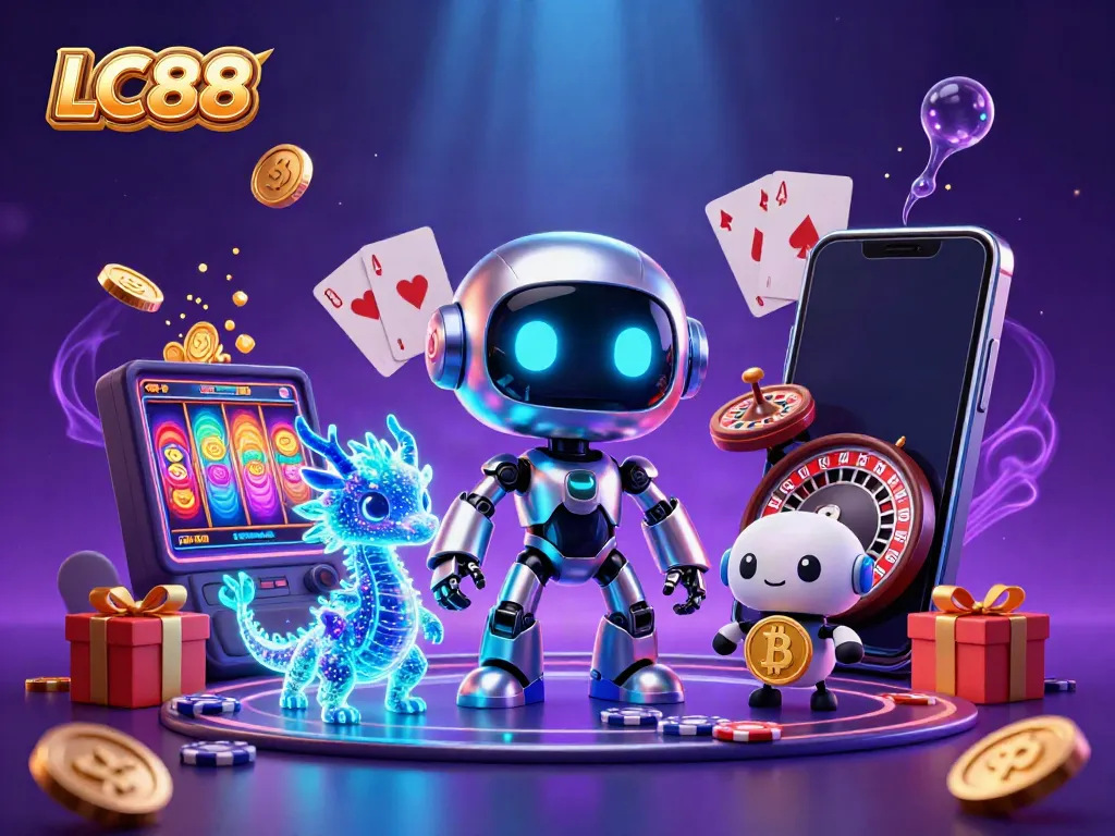 Experience the excitement of the LC88 casino with vibrant digital elements and characters.