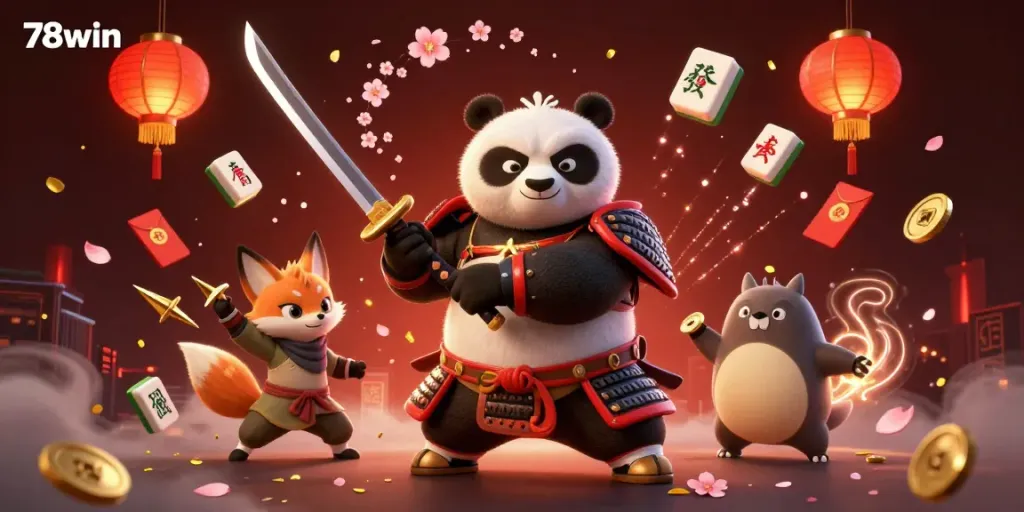 Experience the excitement of 78win with our dynamic casino scene featuring a samurai panda and ninja fox.