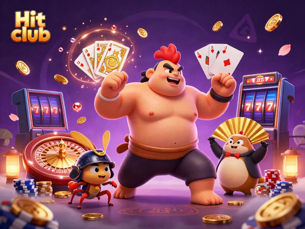 Experience the thrill of Hit club with vibrant casino characters surrounded by dazzling gambling elements.