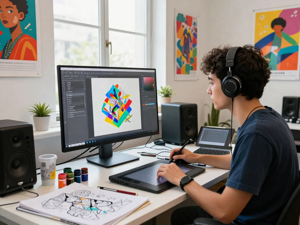 Digital artist creating innovative nsfw ai artwork in a vibrant studio setting
