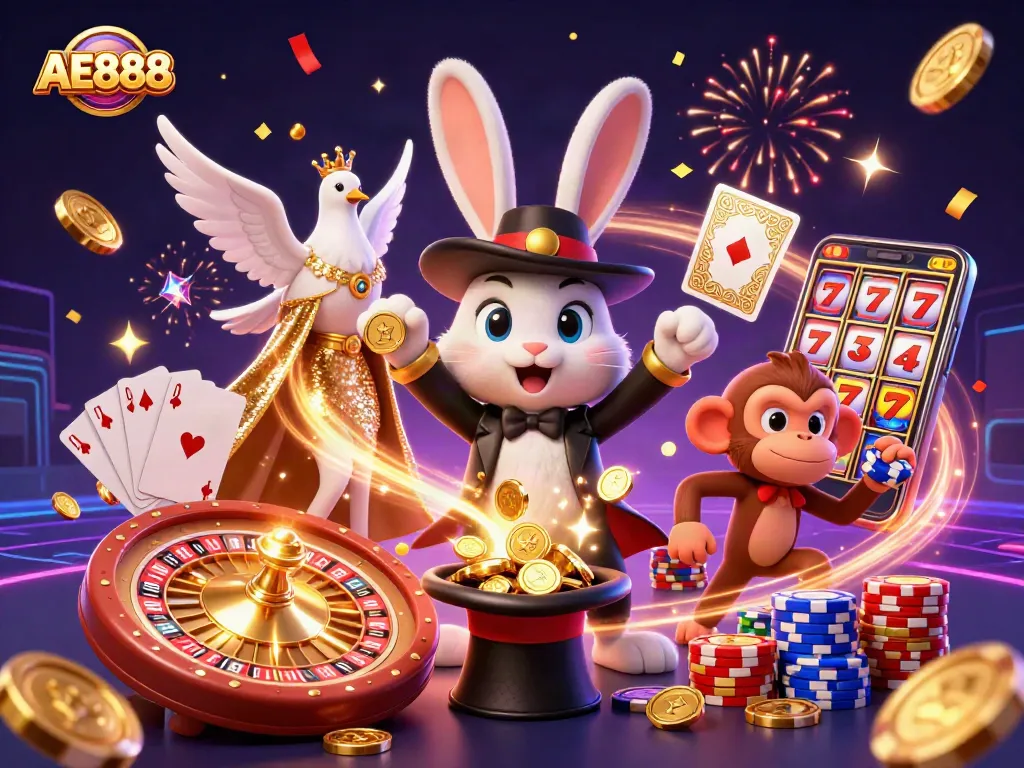 Experience the excitement of AE888 with a magician rabbit, sparkling coins, and colorful poker chips.