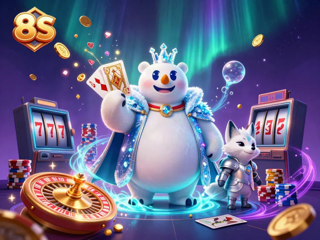 Experience thrilling casino action with 8S in this vibrant, animated scene featuring a polar bear and snow fox.