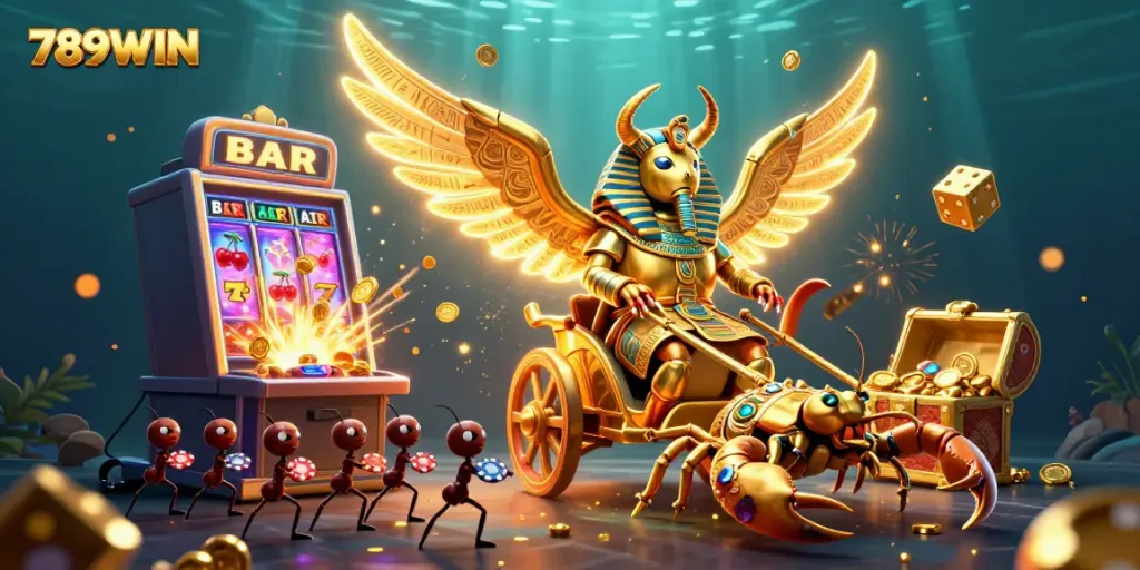 Experience the excitement of 789WIN with a vibrant digital casino illustration featuring dynamic slot machines and lucky characters.