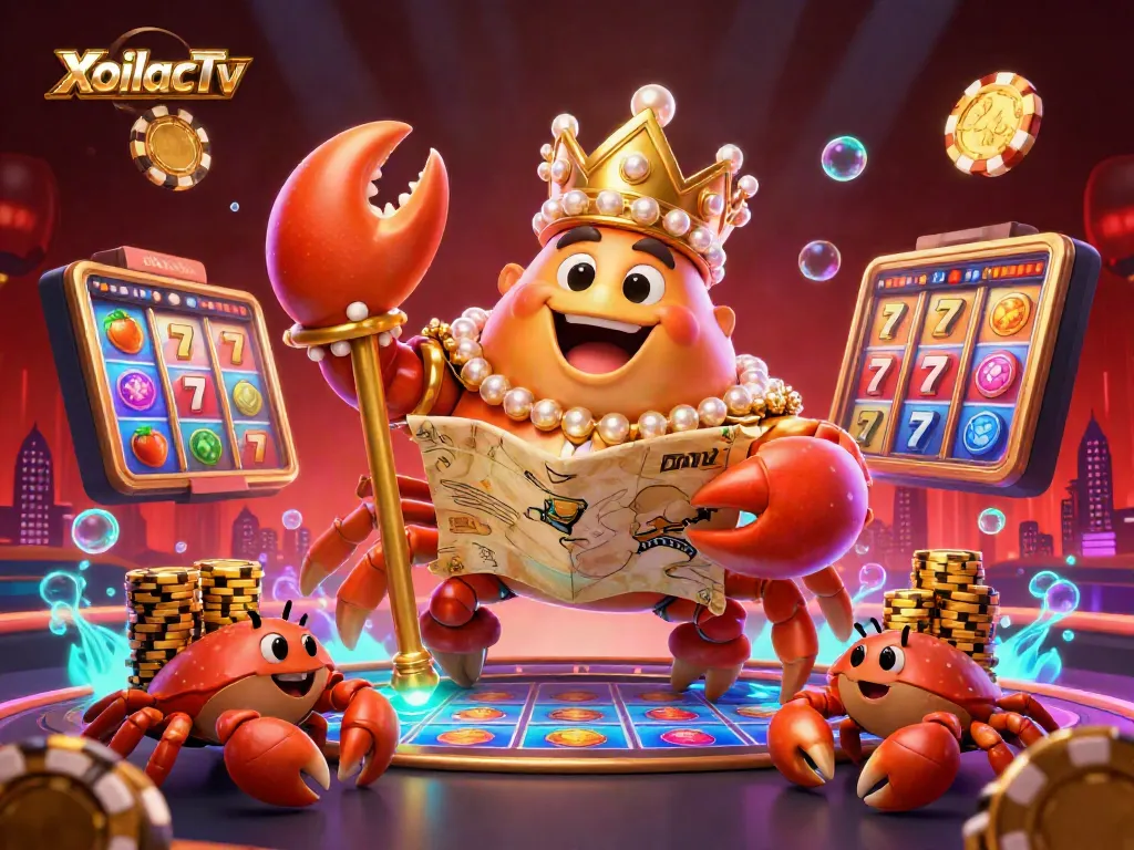 XoilacTv offers an exciting online gaming experience with a captivating scene of a golden crab emperor in a vibrant casino.