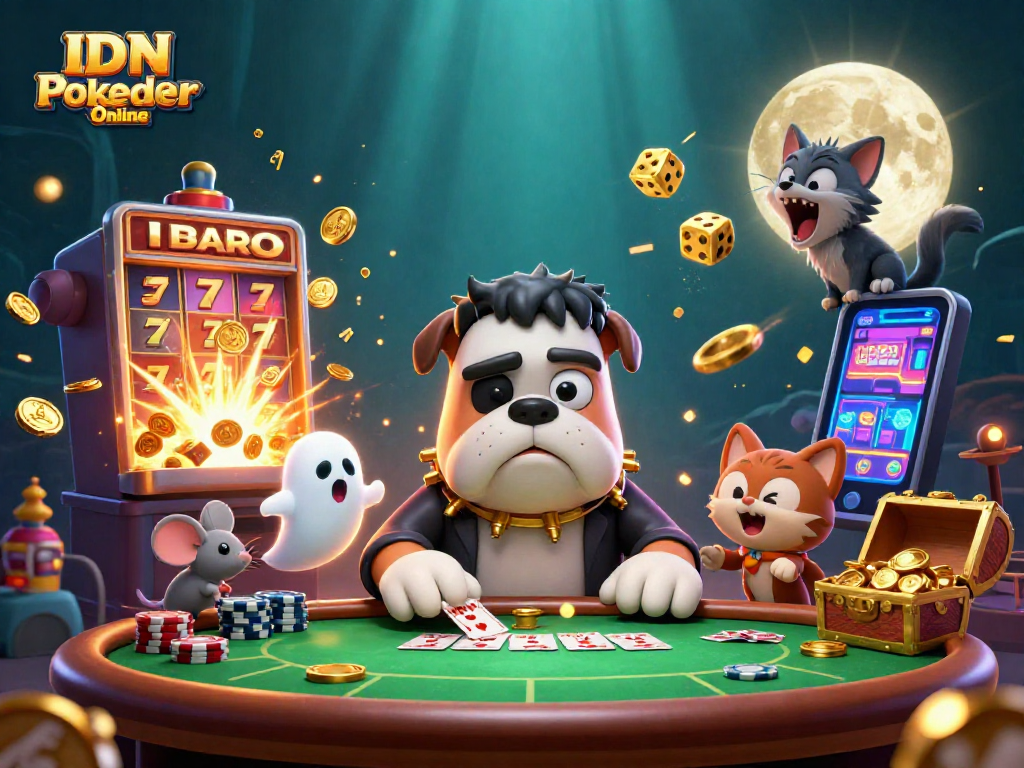 IDN Poker Online illustration featuring a 3D cartoon bulldog playing cards and ghostly elements, perfect for poker enthusiasts.