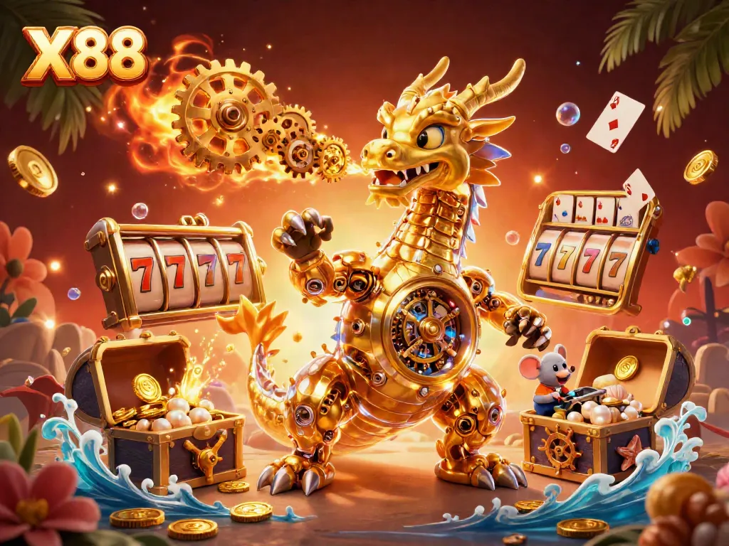 Engage with X88 gaming excitement featuring a golden dragon and thrilling casino symbols.