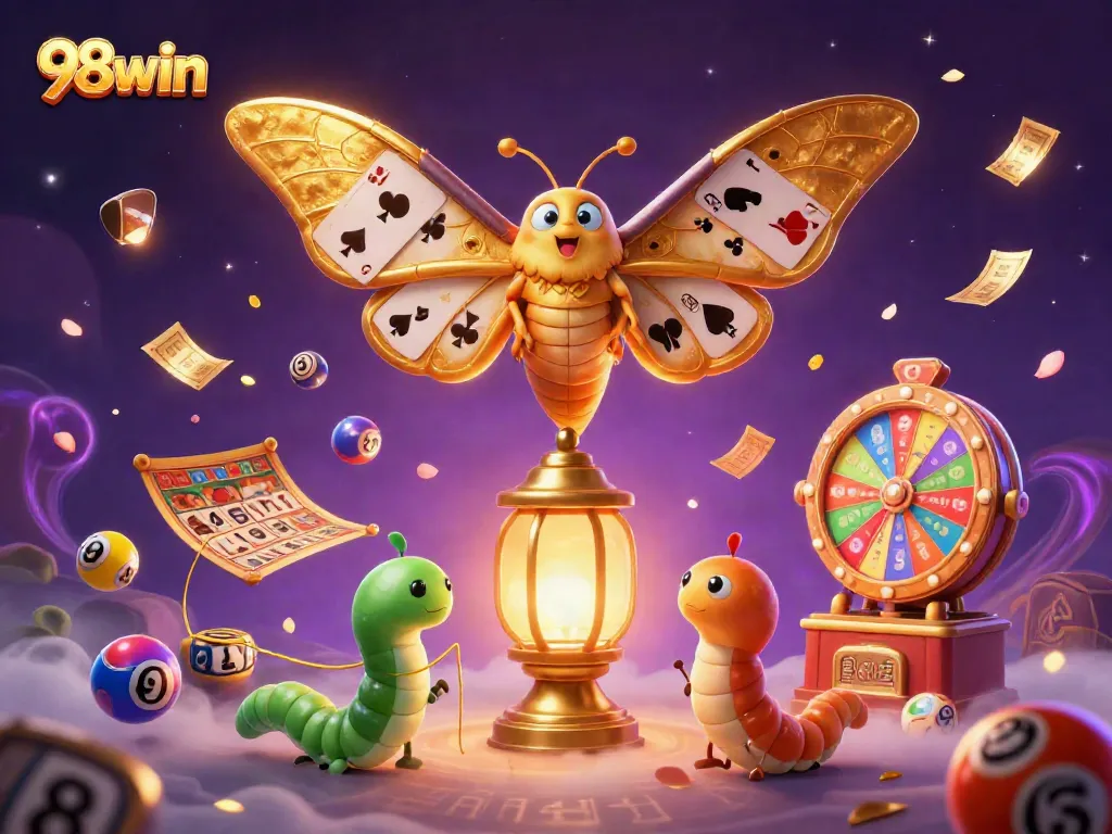 Experience excitement with 98win's thrilling casino scene featuring dynamic elements and golden moths.