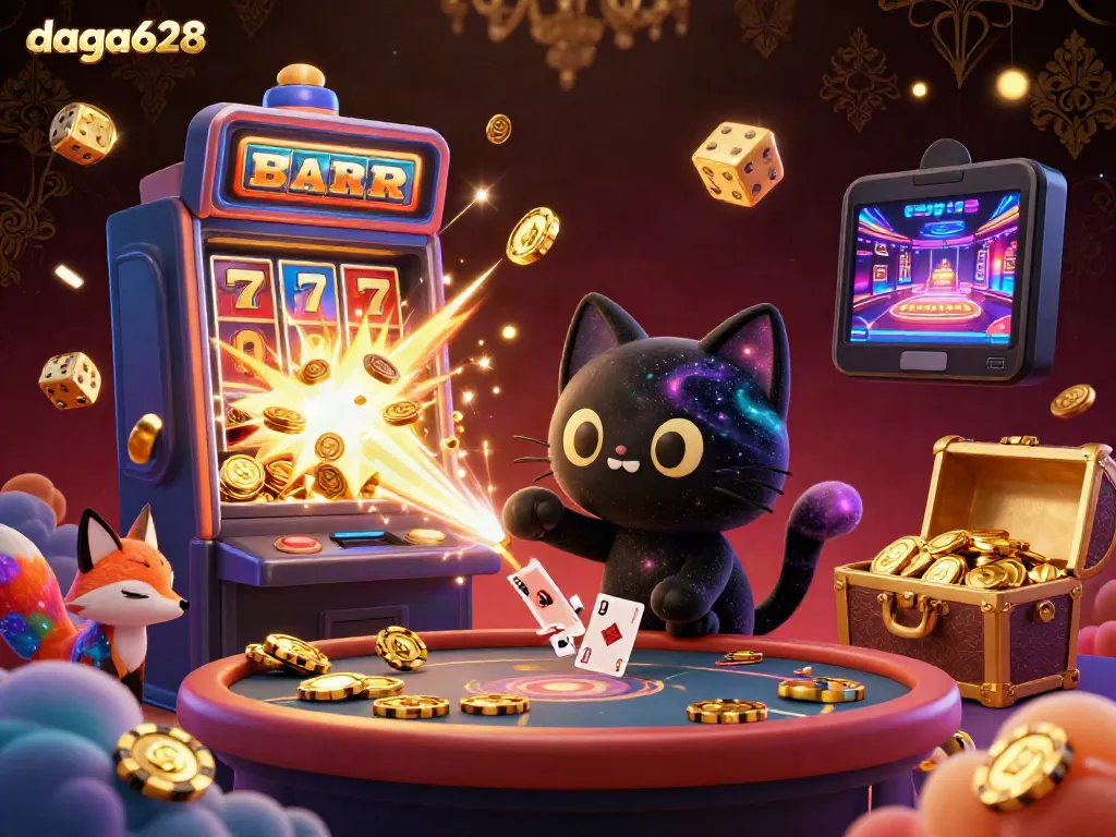 Engage with the dynamic world of daga628 through an exciting cosmic casino table filled with golden chips and cards.