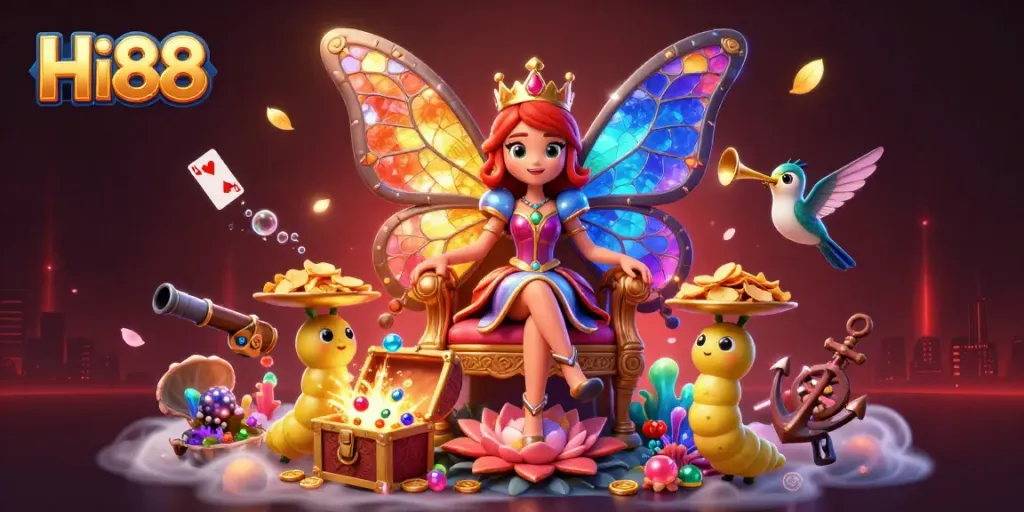 Hi88 showcases vibrant casino entertainment with a butterfly queen and treasure elements in a whimsical scene.