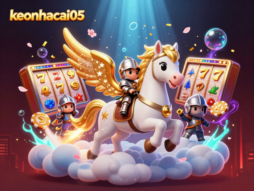 Engage in thrilling slots with keonhacai05's immersive celestial adventure featuring a winged horse and jackpot visuals.