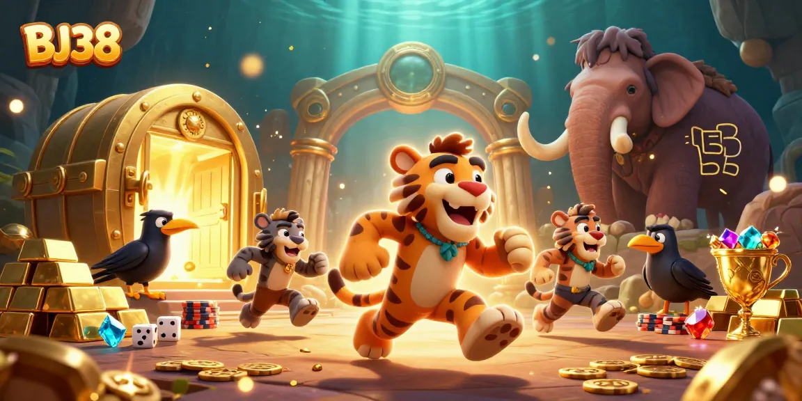 Experience the excitement of BJ38 in a vibrant, prehistoric casino bustling with treasure and gambling action.