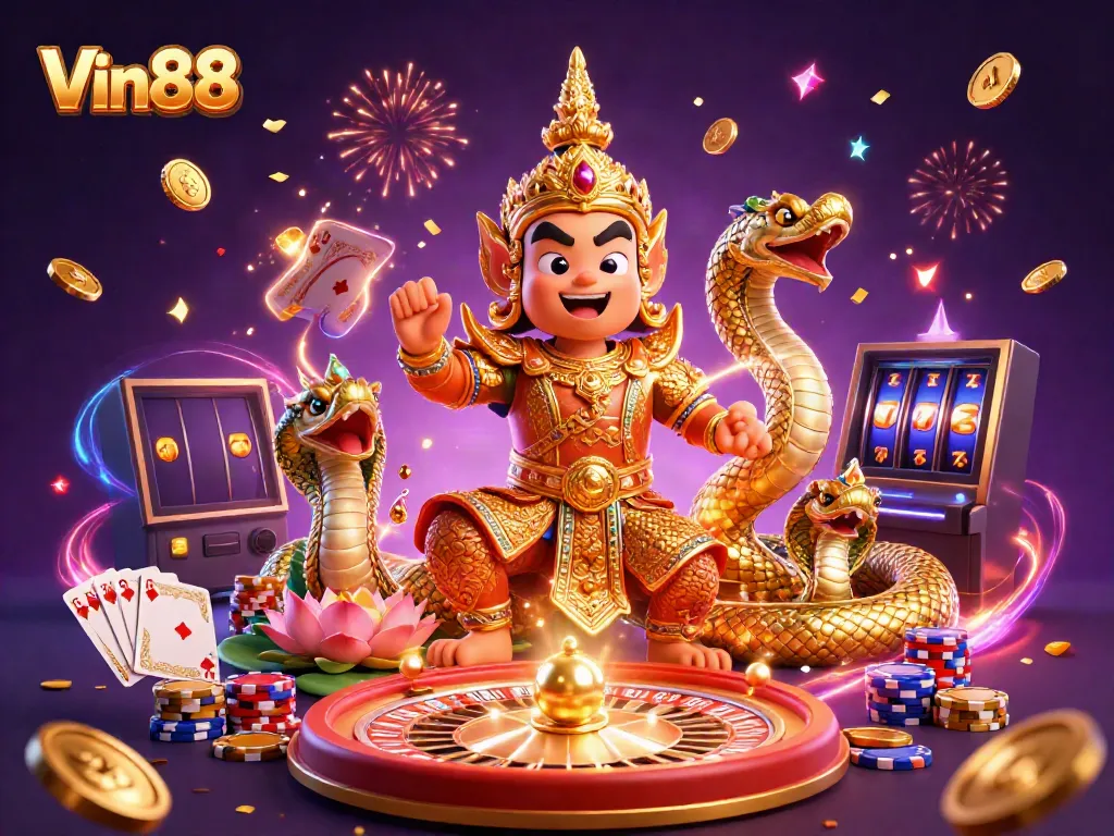 Engage in thrilling gambling action with Vin88's dynamic casino illustration featuring vibrant characters and rich game elements.