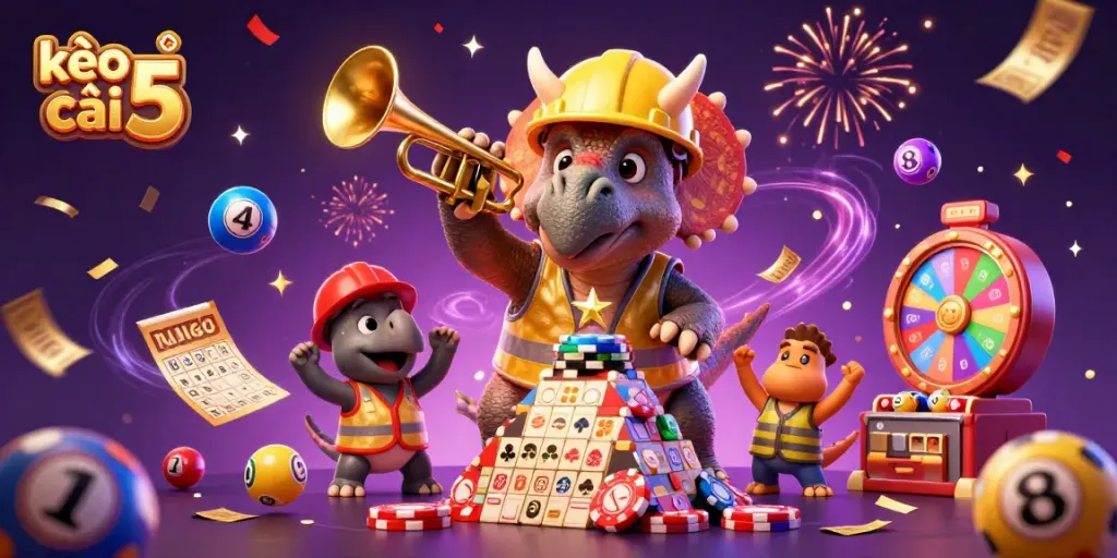 Exciting scene depicting kèo nhà cái 5 with celebratory dinosaurs, vibrant lottery elements, and a dynamic, festive atmosphere.
