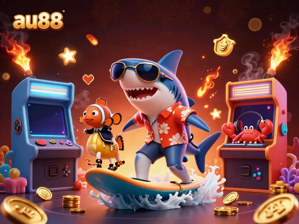 Surf the wave of gold coins with Au88's playful characters celebrating the thrill of online gaming.