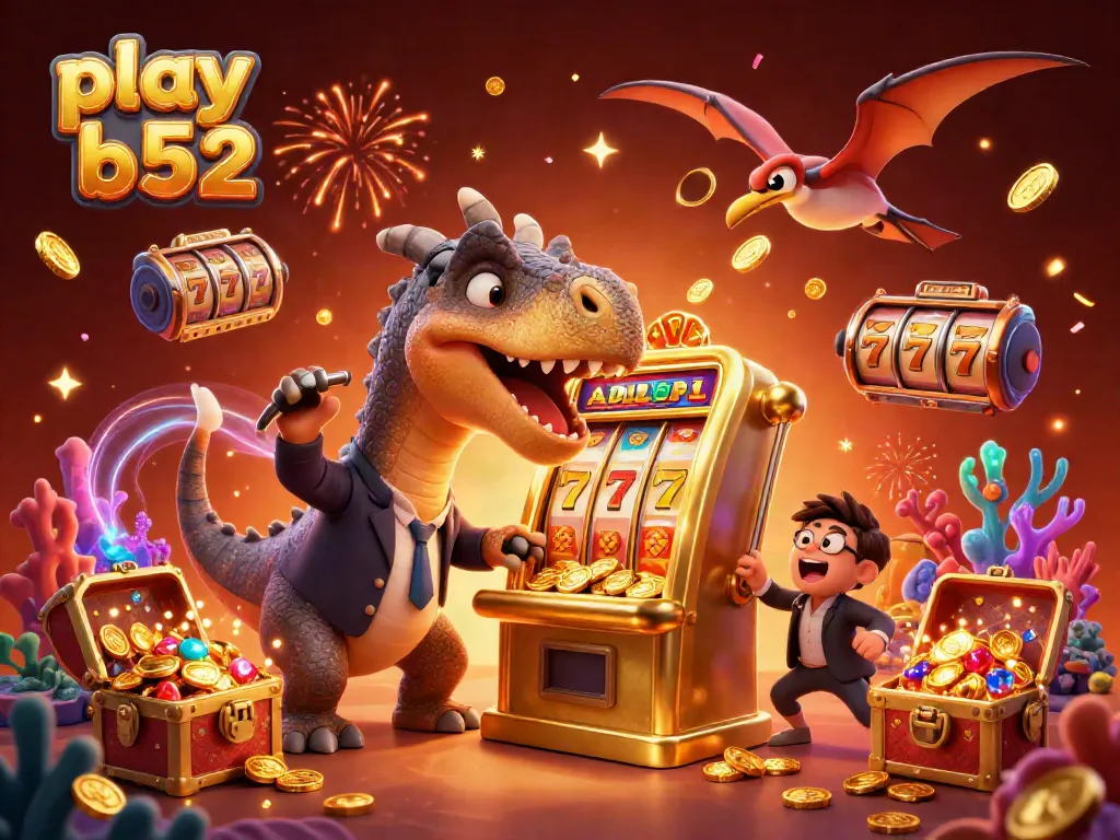 Experience the thrill at play b52, where a cartoon dinosaur wins jackpot coins from a golden slot machine.