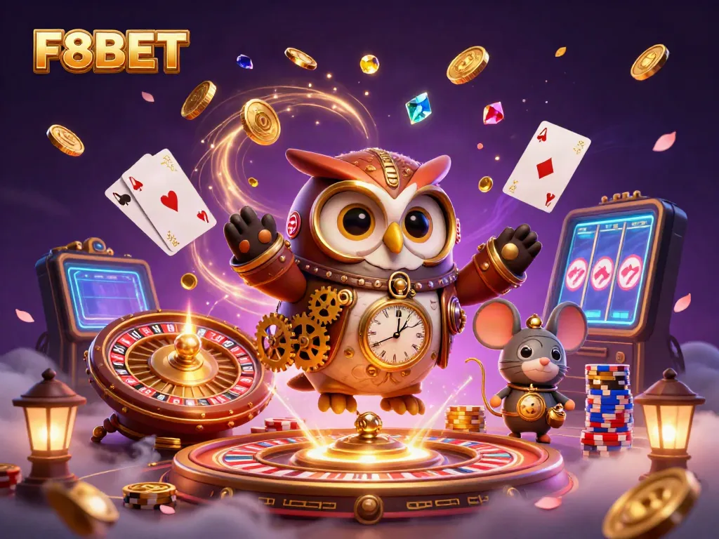 Experience winning moments at F8BET with a dynamic casino scene surrounded by golden coins and vibrant game elements.