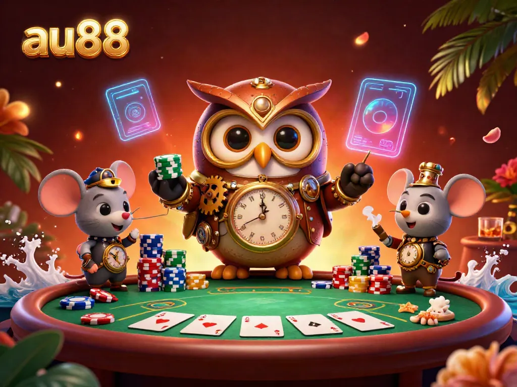 Experience immersive gameplay at au88 with lively casino elements featuring an owl and mouse in a vibrant setting.