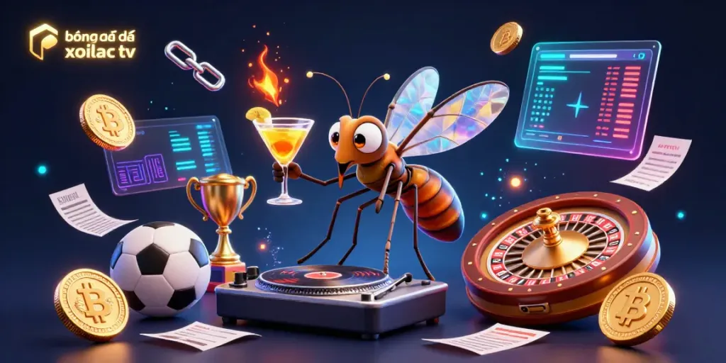 Engage with bóng đá trực tuyến xoilac tv through a dynamic casino-themed 3D illustration featuring sports betting and crypto elements.