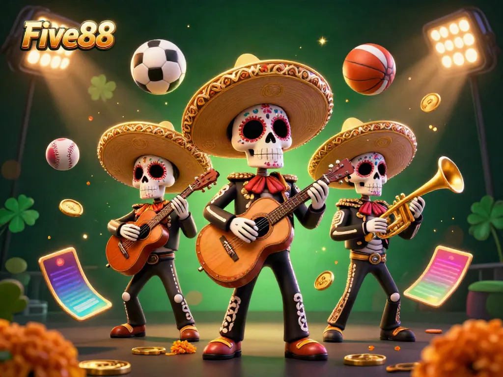 Join the fun at Five88 with dynamic sports-themed illustration showcasing mariachi skeletons.