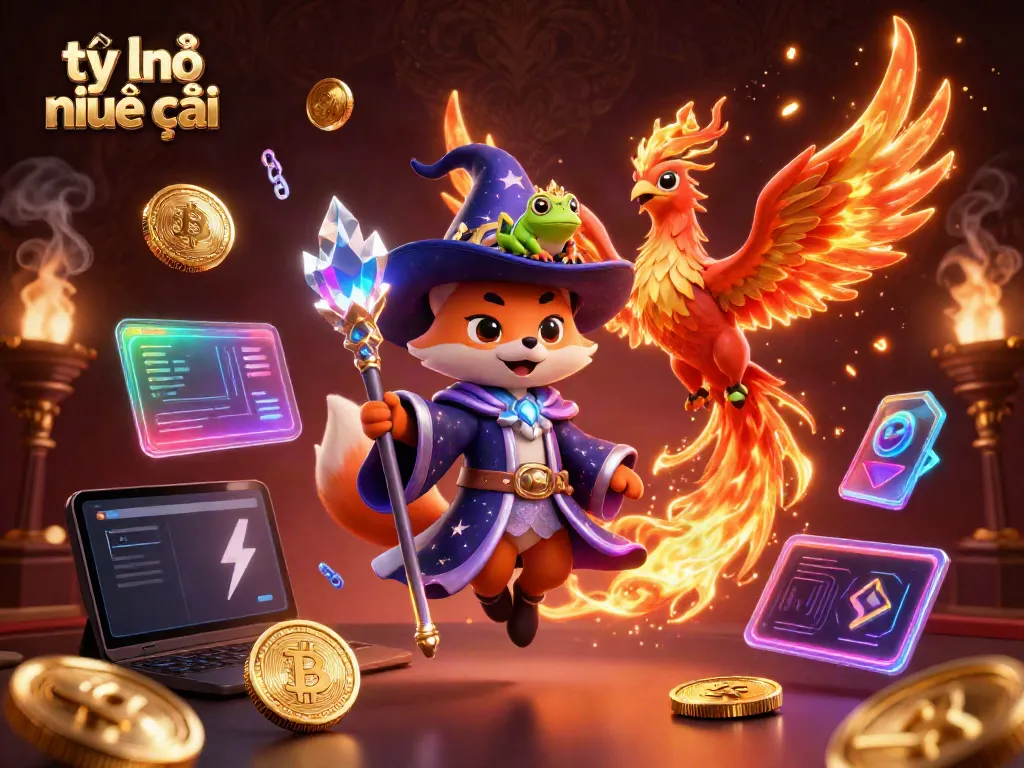 Engage with tỷ lệ nhà cái through a vibrant 3D fantasy scene with a wizard fox and phoenix.