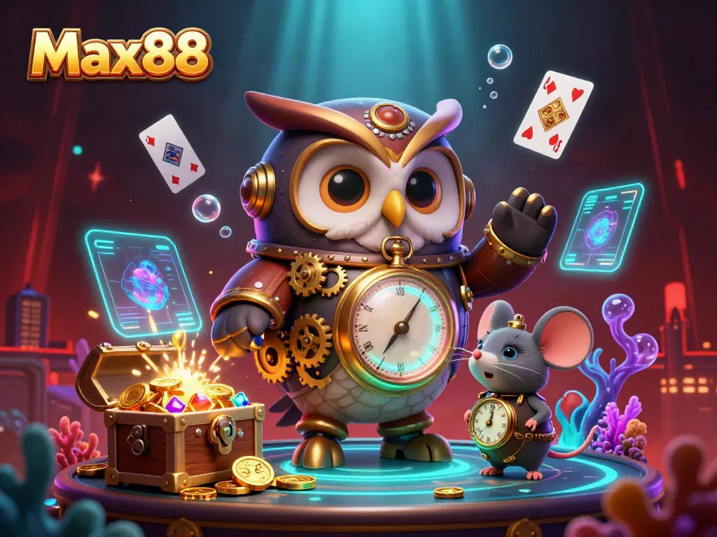 Experience the thrilling Max88 adventure with a steampunk owl and captivating casino elements.