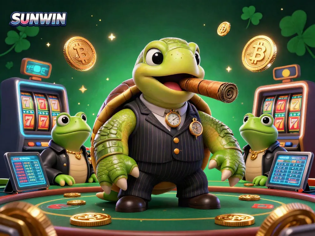 Experience SUNWIN's vibrant casino action with a cartoon turtle and bullfrogs surrounded by slot machines.