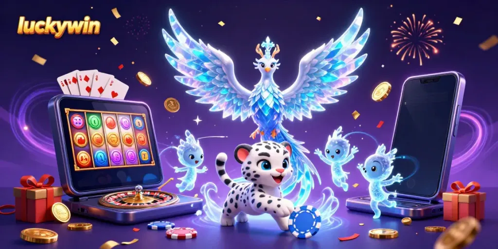 Join the excitement with luckywin as a magical ice phoenix and playful snow leopard explore a vibrant casino world.