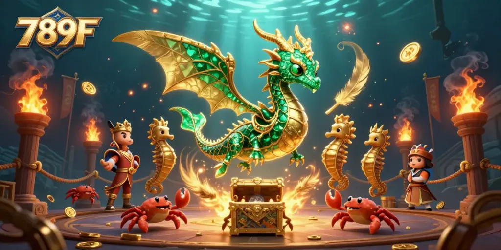 Engage in thrilling underwater adventures at 789F with dynamic sea dragon, treasure chest, and gold coins.