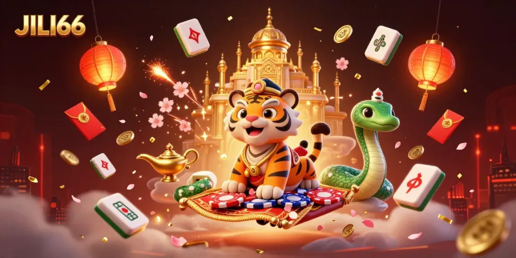 Engage in thrilling gaming at JILI66 with a vibrant display of casino elements in a magical scene