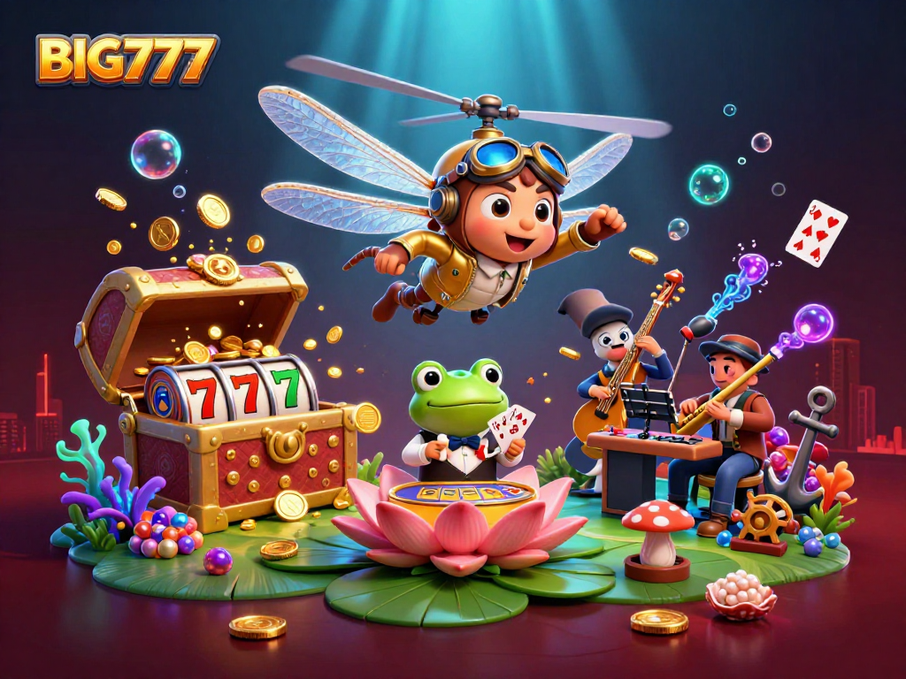 Engage with BIG777 as the dragonfly pilot hovers over a lily pad casino with a frog croupier and jazz musicians.