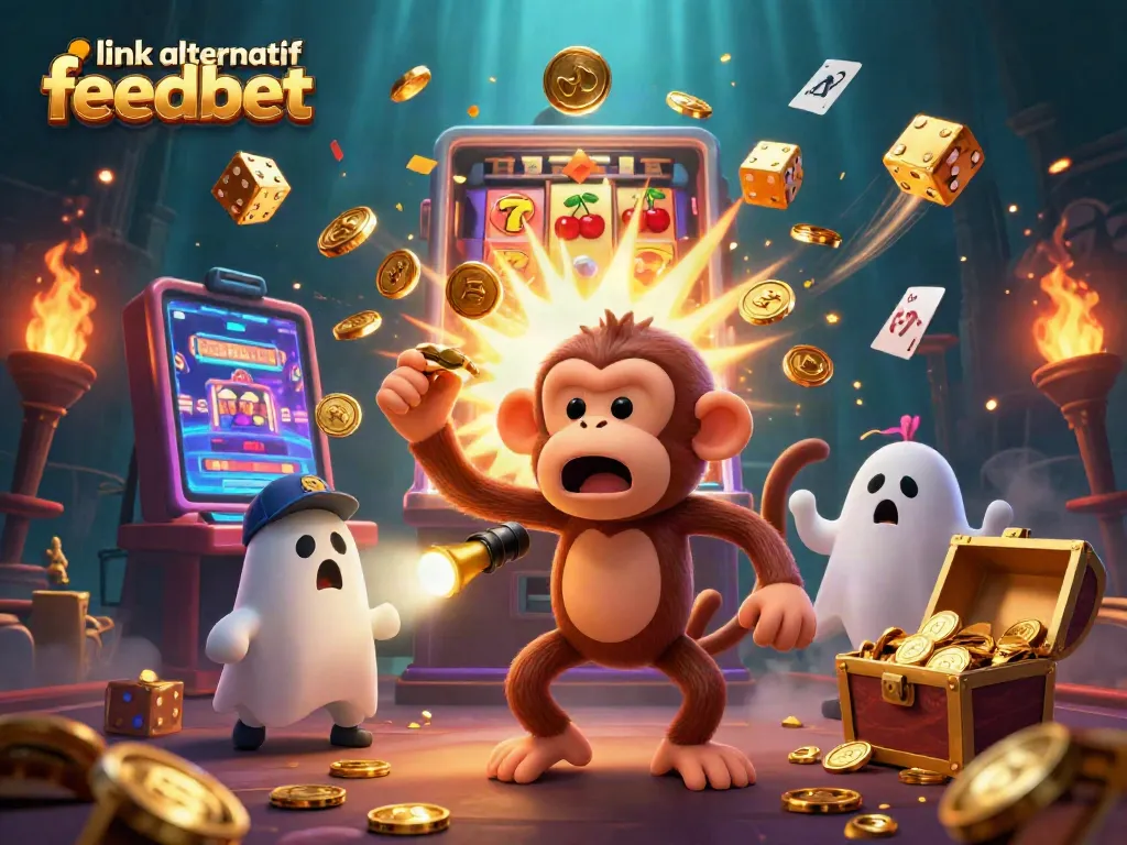 Experience the thrill of link alternatif feedbet with a vibrant illustration of a casino scene, capturing a playful monkey and a curious puppy.