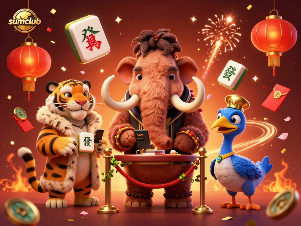 Experience the excitement at Sumclub with a colorful casino scene featuring a woolly mammoth bouncer, saber-tooth tiger VIP, and lively decorations.