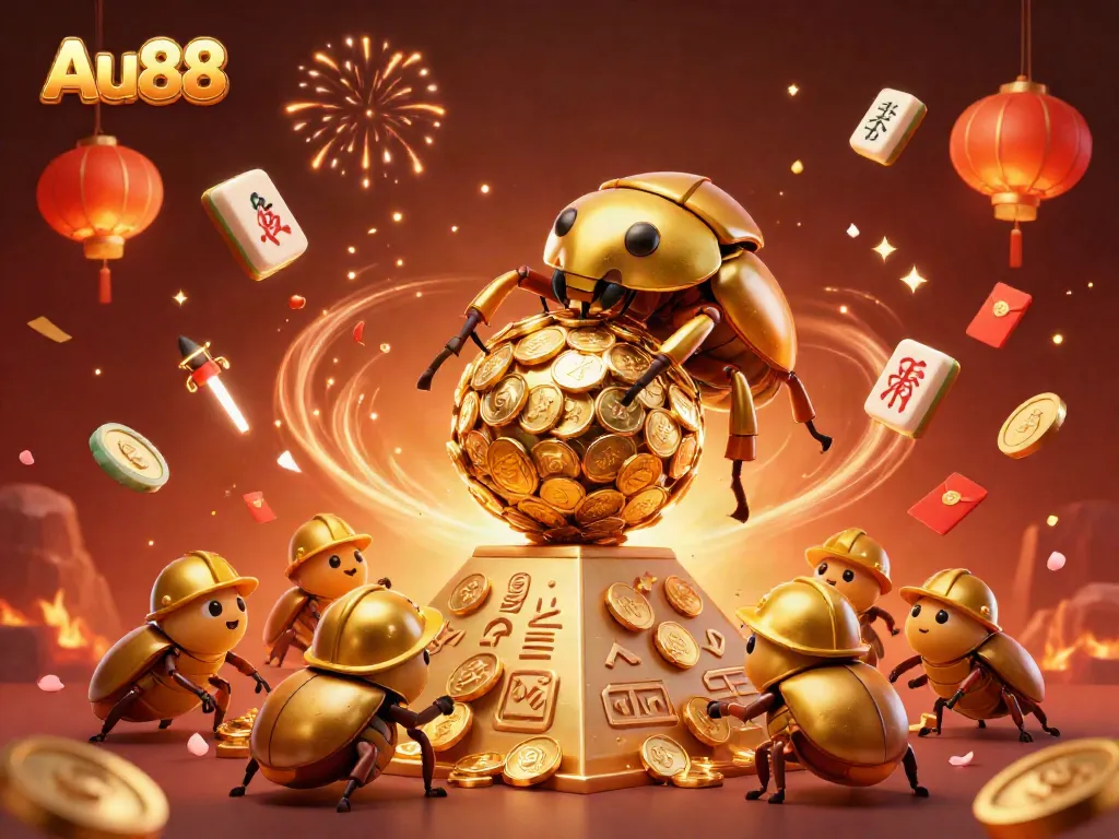 Experience gaming excitement with Au88's golden elements and vibrant casino symbols in an engaging scene.