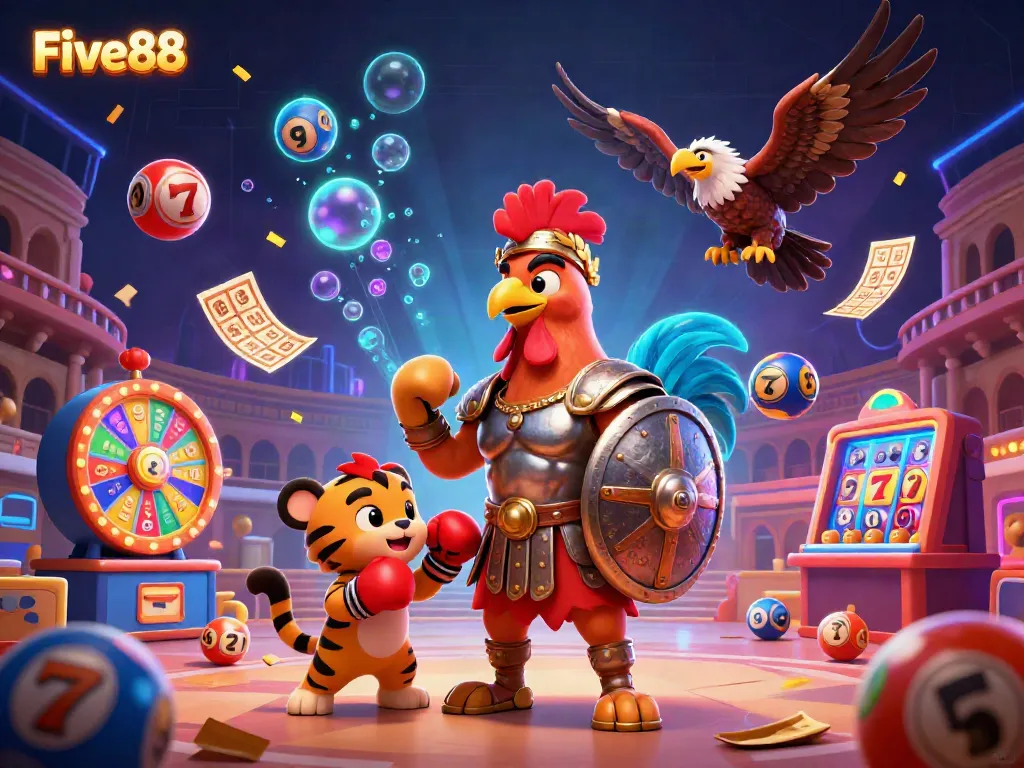 Engage in thrilling casino adventures at Five88 with a vibrant gladiator rooster amidst colorful game elements.