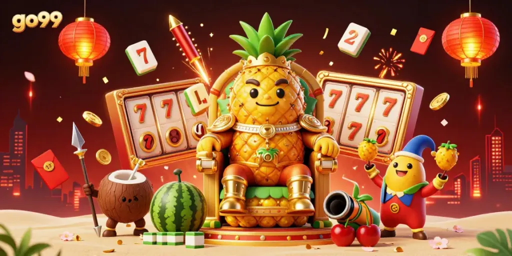 Experience the excitement of go99 with a vibrant scene featuring a pineapple king and lively casino elements.
