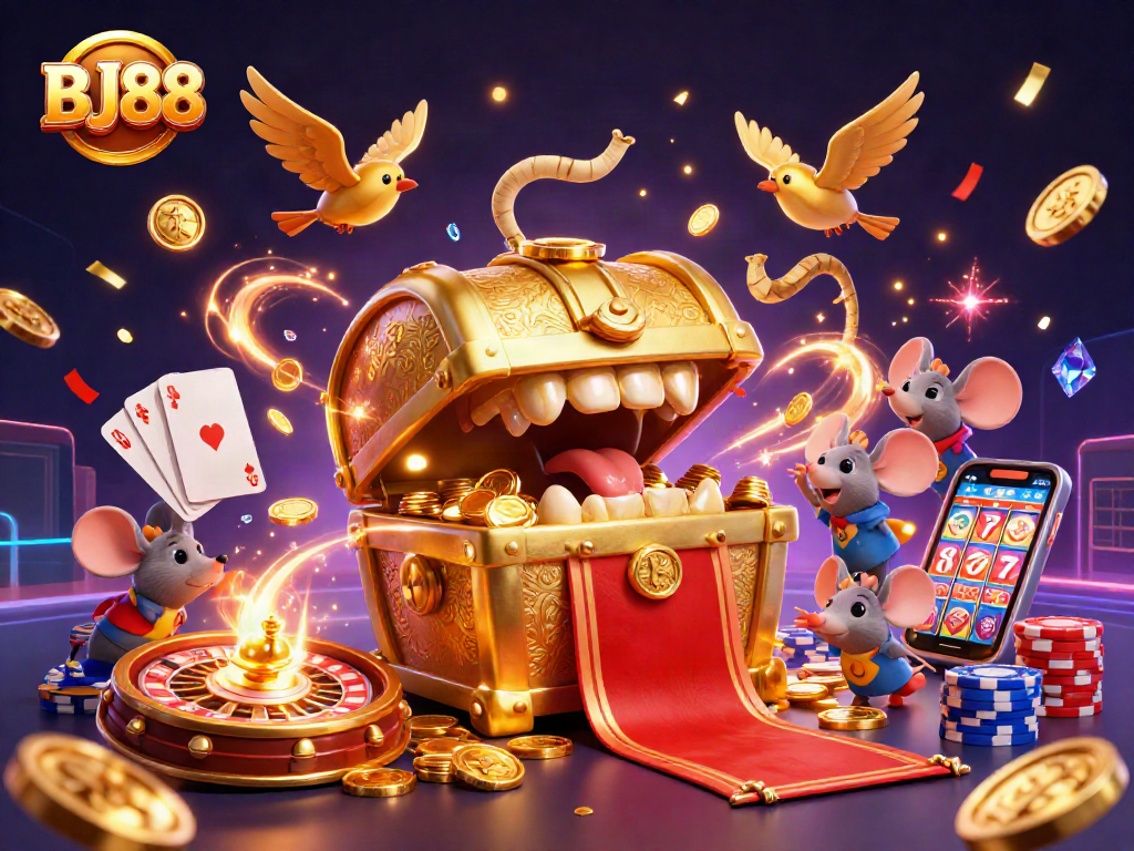 Engage with BJ88's vibrant 3D casino scene featuring adventurous mice and golden treasures.