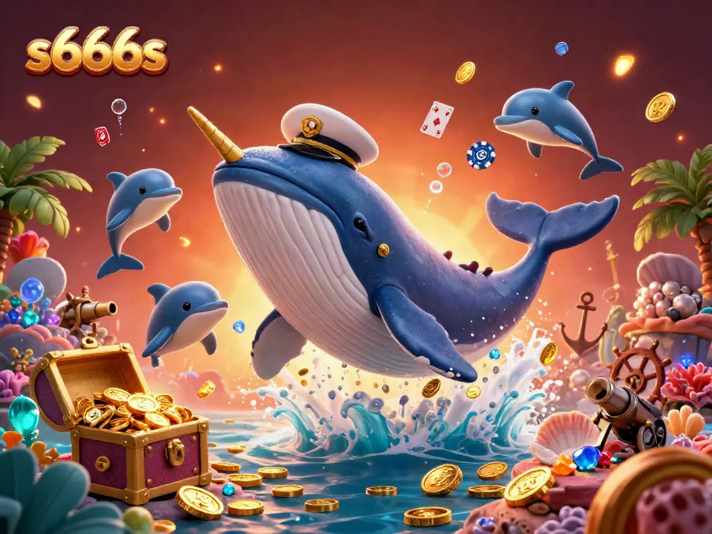 Engage with s666s in a vibrant 3D scene featuring a whale, narwhal, and dolphins in a treasure-filled underwater casino.