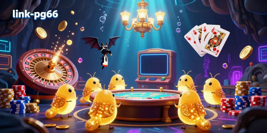 Engaging scene at link-pg66 casino with glowworms lighting a vibrant cave filled with coins and gaming elements.