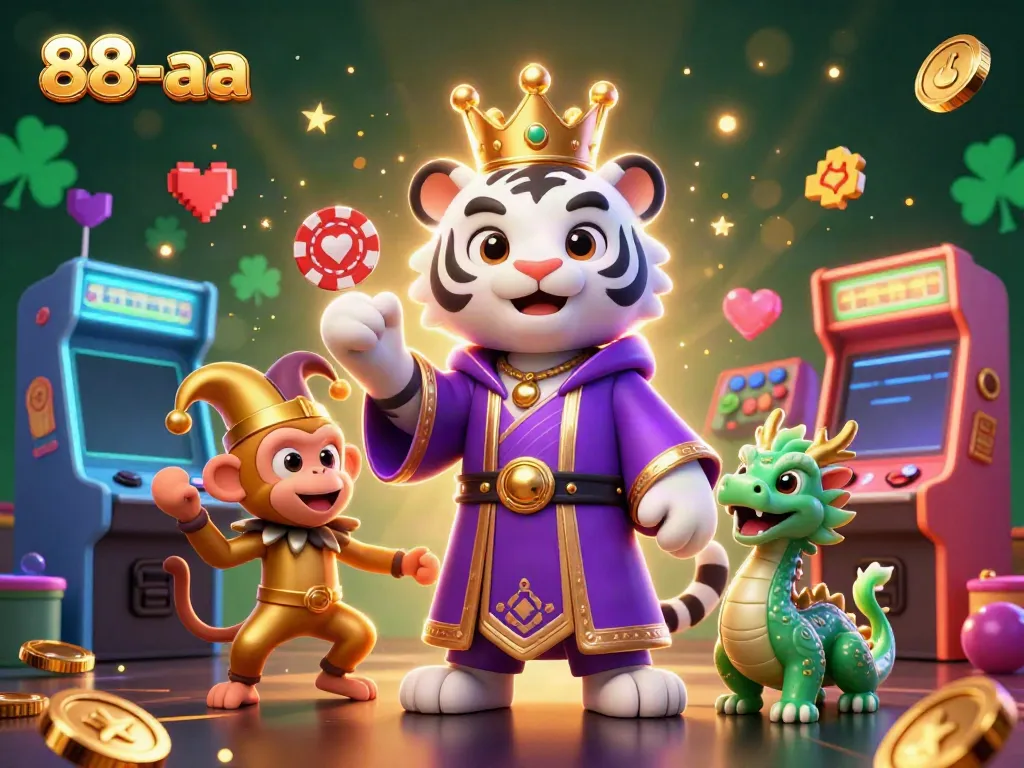 Experience the enchanting world of 88-aa with a white tiger, golden monkey, and jade dragon amidst casino games and rich visuals.