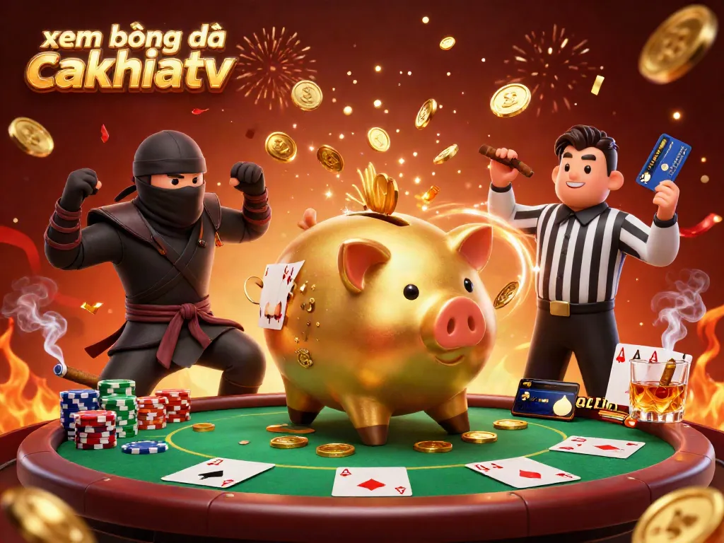 Engage in xem bóng đá cakhiatv action with a vibrant scene featuring a piggy bank sumo wrestler and playful casino elements.