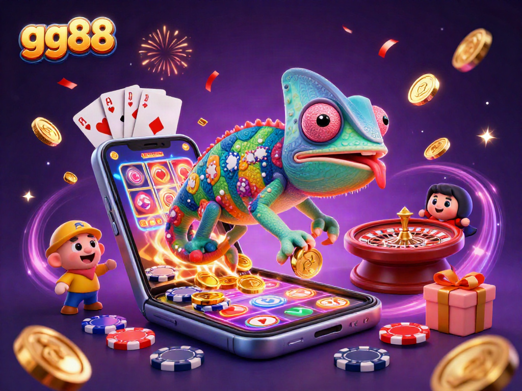 Engage with exhilarating gaming at gg88, as colorful coins explode from a smartphone amidst festive casino elements.