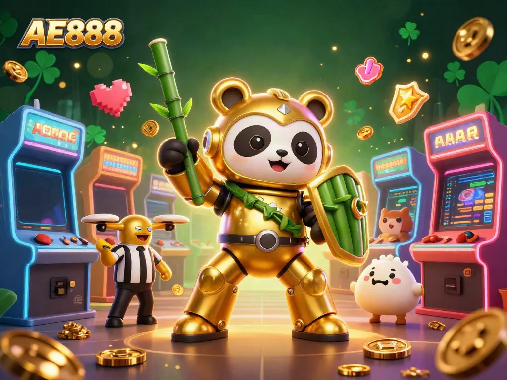 Experience the excitement of AE888 casino with vibrant gaming elements and a mech-suit panda character.