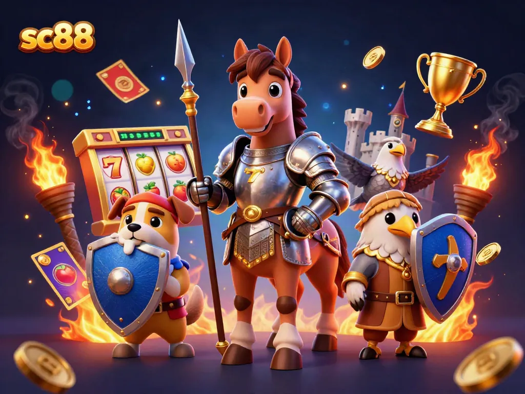 Engage with sc88 in a vibrant casino scene featuring a knight, puppy, and falcon, surrounded by dynamic gaming elements.