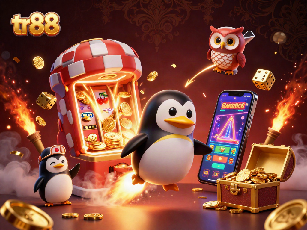 Experience massive winnings at tr88 with a thrilling golden penguin adventure amidst slot jackpots and vibrant casino games.