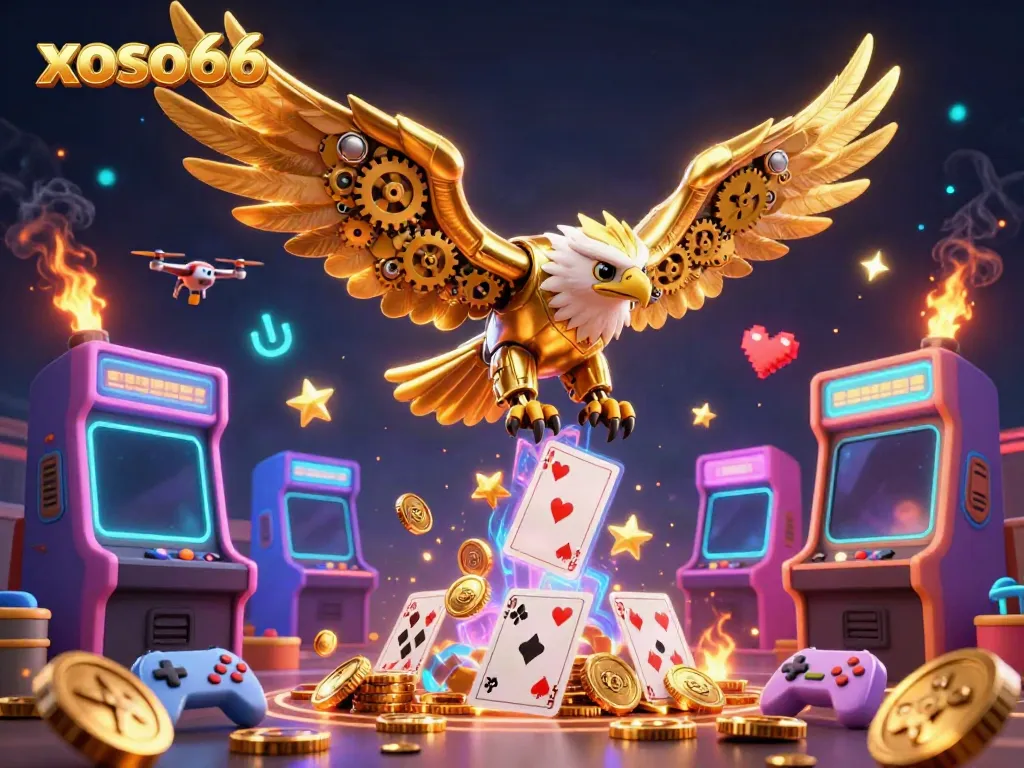 Experience thrilling gameplay at xoso66 with an energetic 3D eagle diving through holographic cards.