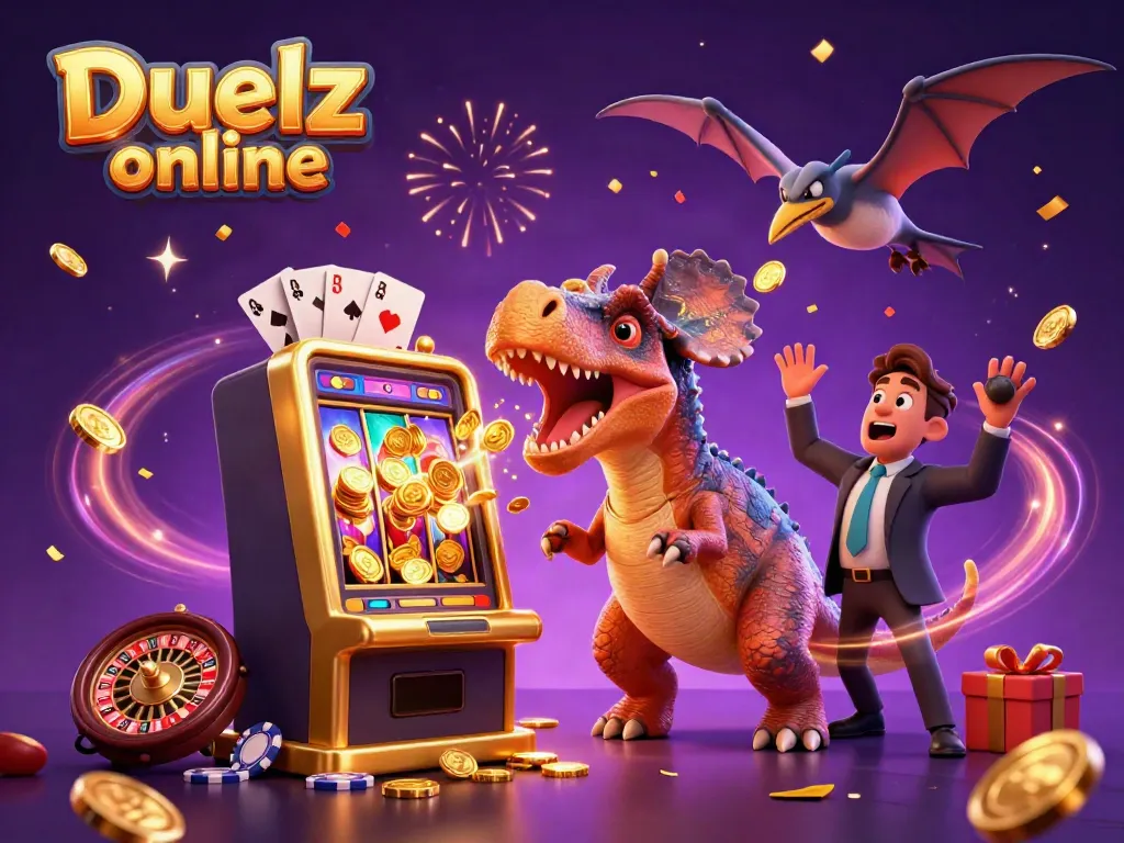 Duelz online casino illustration with dinosaur themes, jackpot wins, and festive elements