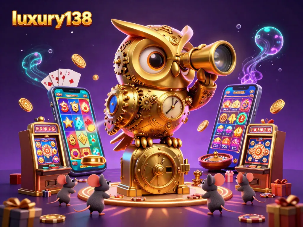 Experience luxury138 gaming moments with golden owl and vibrant casino elements in a rich 3D illustration.